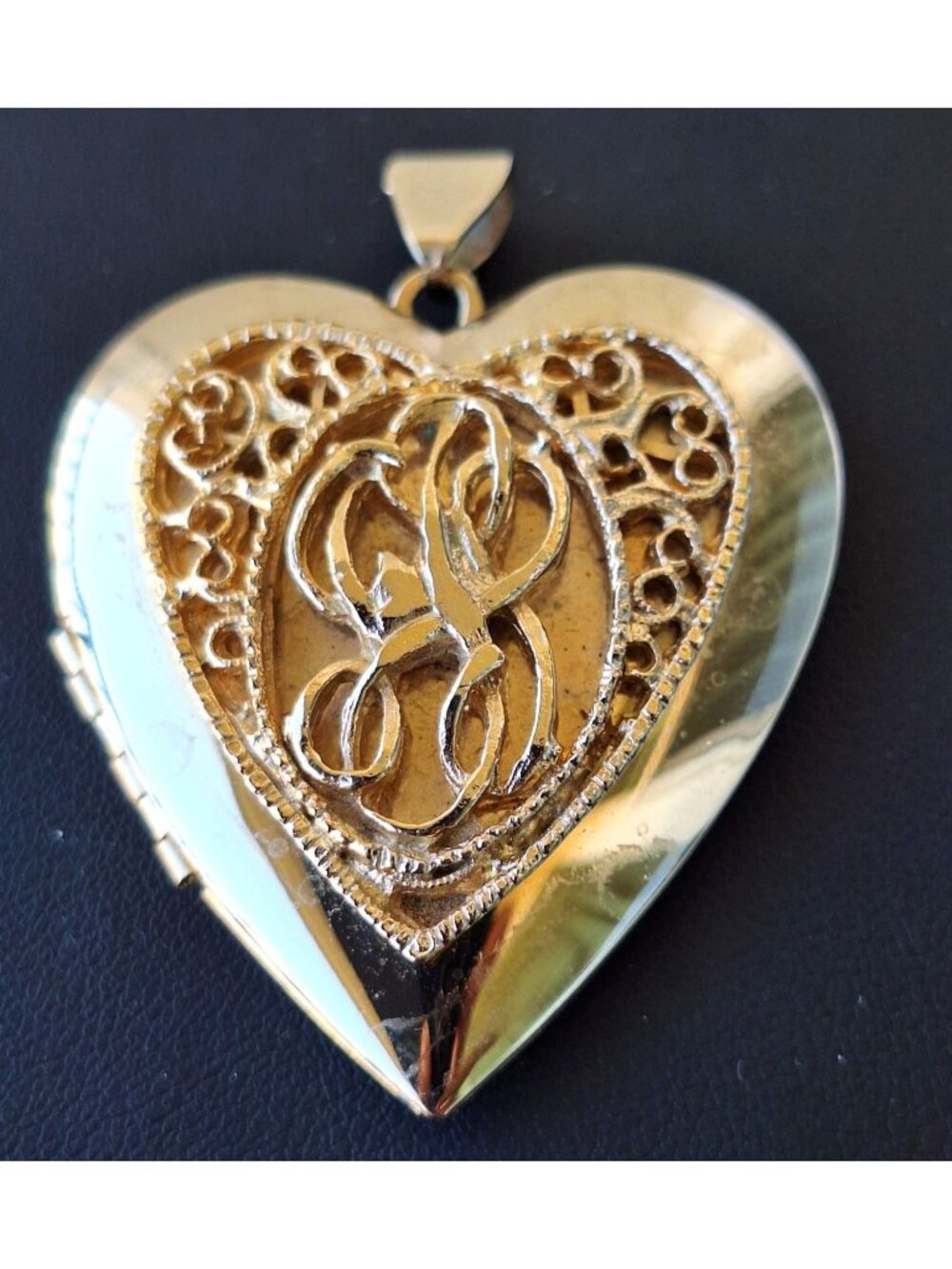 Vintage Gold Tone Filigree Initial S Heart Locket Pendant, Script Monogram Lette